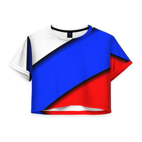Женская футболка 3D укороченная с принтом Российский флаг в Курске, 100% полиэстер | круглая горловина, длина футболки до линии талии, рукава с отворотами | косой | наклонный | триколор