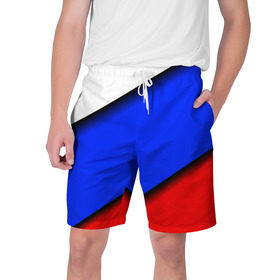 Мужские шорты 3D с принтом Российский флаг в Курске,  полиэстер 100% | прямой крой, два кармана без застежек по бокам. Мягкая трикотажная резинка на поясе, внутри которой широкие завязки. Длина чуть выше колен | косой | наклонный | триколор