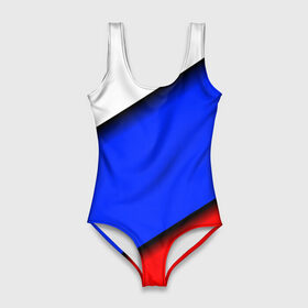 Купальник-боди 3D с принтом Российский флаг в Курске, 82% полиэстер, 18% эластан | Круглая горловина, круглый вырез на спине | косой | наклонный | триколор