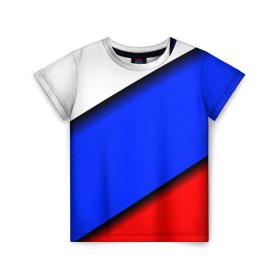 Детская футболка 3D с принтом Российский флаг в Курске, 100% гипоаллергенный полиэфир | прямой крой, круглый вырез горловины, длина до линии бедер, чуть спущенное плечо, ткань немного тянется | Тематика изображения на принте: косой | наклонный | триколор