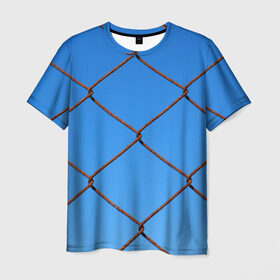 Мужская футболка 3D с принтом Крупная сетка в Курске, 100% полиэфир | прямой крой, круглый вырез горловины, длина до линии бедер | Тематика изображения на принте: забор | небо | проволка | сетка