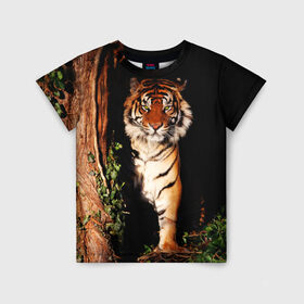 Детская футболка 3D с принтом Тигр в Курске, 100% гипоаллергенный полиэфир | прямой крой, круглый вырез горловины, длина до линии бедер, чуть спущенное плечо, ткань немного тянется | дикая кошка | лес | природа | тигр | хищник
