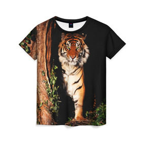 Женская футболка 3D с принтом Тигр в Курске, 100% полиэфир ( синтетическое хлопкоподобное полотно) | прямой крой, круглый вырез горловины, длина до линии бедер | дикая кошка | лес | природа | тигр | хищник