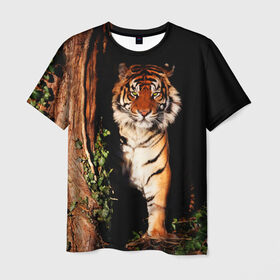 Мужская футболка 3D с принтом Тигр в Курске, 100% полиэфир | прямой крой, круглый вырез горловины, длина до линии бедер | Тематика изображения на принте: дикая кошка | лес | природа | тигр | хищник