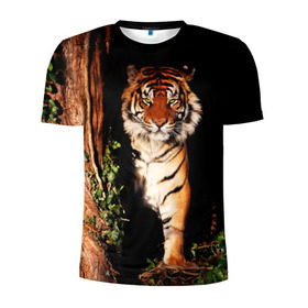 Мужская футболка 3D спортивная с принтом Тигр в Курске, 100% полиэстер с улучшенными характеристиками | приталенный силуэт, круглая горловина, широкие плечи, сужается к линии бедра | Тематика изображения на принте: дикая кошка | лес | природа | тигр | хищник
