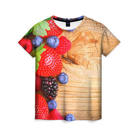 Женская футболка 3D с принтом Ягодки в Курске, 100% полиэфир ( синтетическое хлопкоподобное полотно) | прямой крой, круглый вырез горловины, длина до линии бедер | красная | малина | новая | ягода | ягодная