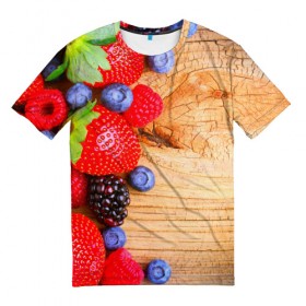 Мужская футболка 3D с принтом Ягодки в Курске, 100% полиэфир | прямой крой, круглый вырез горловины, длина до линии бедер | красная | малина | новая | ягода | ягодная