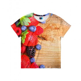 Детская футболка 3D с принтом Ягодки в Курске, 100% гипоаллергенный полиэфир | прямой крой, круглый вырез горловины, длина до линии бедер, чуть спущенное плечо, ткань немного тянется | красная | малина | новая | ягода | ягодная