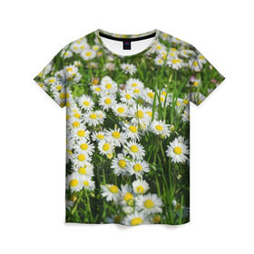 Женская футболка 3D с принтом Ромашки 2 в Курске, 100% полиэфир ( синтетическое хлопкоподобное полотно) | прямой крой, круглый вырез горловины, длина до линии бедер | лепестки | прикольные картинки | ромашки | цветочки | цветы