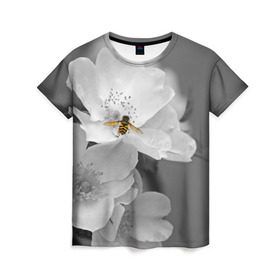 Женская футболка 3D с принтом Пчела на цветах в Курске, 100% полиэфир ( синтетическое хлопкоподобное полотно) | прямой крой, круглый вырез горловины, длина до линии бедер | лепестки | цветы