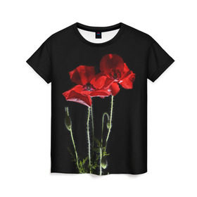 Женская футболка 3D с принтом Маки в Курске, 100% полиэфир ( синтетическое хлопкоподобное полотно) | прямой крой, круглый вырез горловины, длина до линии бедер | background | black | flowers | poppies | poppy | red | wild | красные | мак | маки | полевые | фон | цветы | черный