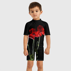 Детский купальный костюм 3D с принтом Маки в Курске, Полиэстер 85%, Спандекс 15% | застежка на молнии на спине | background | black | flowers | poppies | poppy | red | wild | красные | мак | маки | полевые | фон | цветы | черный