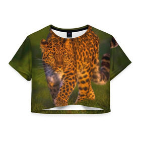 Женская футболка 3D укороченная с принтом Дальневосточный леопард в Курске, 100% полиэстер | круглая горловина, длина футболки до линии талии, рукава с отворотами | 