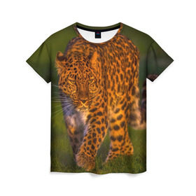 Женская футболка 3D с принтом Дальневосточный леопард в Курске, 100% полиэфир ( синтетическое хлопкоподобное полотно) | прямой крой, круглый вырез горловины, длина до линии бедер | 