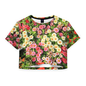 Женская футболка 3D укороченная с принтом Весеннее настроение в Курске, 100% полиэстер | круглая горловина, длина футболки до линии талии, рукава с отворотами | аромат | букет | вазон | великолепие | краски | красота | куст | луг | полевые цветы | полянка | природа | растения | розы | ромашки | тюльпаны | украшение | фауна | цветник | цветок | цветочек | цветы