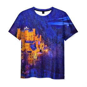 Мужская футболка 3D с принтом Бавария в Курске, 100% полиэфир | прямой крой, круглый вырез горловины, длина до линии бедер | Тематика изображения на принте: бавария | замок | лес | ночь