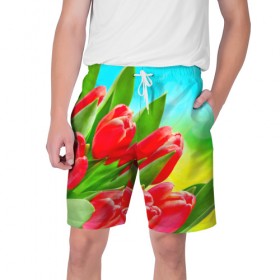 Мужские шорты 3D с принтом Тюльпаны в Курске,  полиэстер 100% | прямой крой, два кармана без застежек по бокам. Мягкая трикотажная резинка на поясе, внутри которой широкие завязки. Длина чуть выше колен | Тематика изображения на принте: краснык | природа | тюльпан | цветок