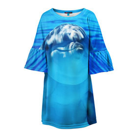 Детское платье 3D с принтом Дельфин в Курске, 100% полиэстер | прямой силуэт, чуть расширенный к низу. Круглая горловина, на рукавах — воланы | Тематика изображения на принте: вода | дельфин | море | отдых | отпуск | подводный мир | туризм
