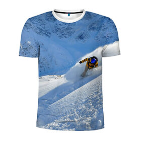 Мужская футболка 3D спортивная с принтом Спуск в Курске, 100% полиэстер с улучшенными характеристиками | приталенный силуэт, круглая горловина, широкие плечи, сужается к линии бедра | Тематика изображения на принте: гора | зима | лыжник | снег | спорт | спуск