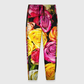 Мужские брюки 3D с принтом Букет роз в Курске, 100% полиэстер | манжеты по низу, эластичный пояс регулируется шнурком, по бокам два кармана без застежек, внутренняя часть кармана из мелкой сетки | жёлтый | красный | лепестки | прикольные картинки | розы | цветочки | цветы