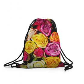 Рюкзак-мешок 3D с принтом Букет роз в Курске, 100% полиэстер | плотность ткани — 200 г/м2, размер — 35 х 45 см; лямки — толстые шнурки, застежка на шнуровке, без карманов и подкладки | жёлтый | красный | лепестки | прикольные картинки | розы | цветочки | цветы