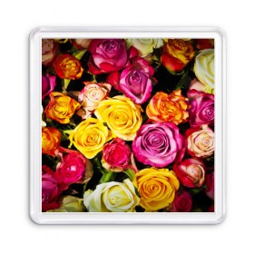 Магнит 55*55 с принтом Букет роз в Курске, Пластик | Размер: 65*65 мм; Размер печати: 55*55 мм | жёлтый | красный | лепестки | прикольные картинки | розы | цветочки | цветы