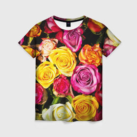 Женская футболка 3D с принтом Букет роз в Курске, 100% полиэфир ( синтетическое хлопкоподобное полотно) | прямой крой, круглый вырез горловины, длина до линии бедер | жёлтый | красный | лепестки | прикольные картинки | розы | цветочки | цветы
