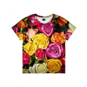 Детская футболка 3D с принтом Букет роз в Курске, 100% гипоаллергенный полиэфир | прямой крой, круглый вырез горловины, длина до линии бедер, чуть спущенное плечо, ткань немного тянется | жёлтый | красный | лепестки | прикольные картинки | розы | цветочки | цветы