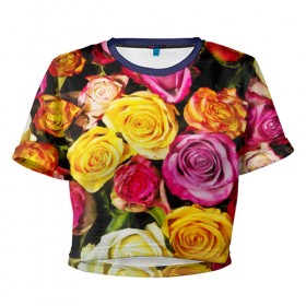 Женская футболка 3D укороченная с принтом Букет роз в Курске, 100% полиэстер | круглая горловина, длина футболки до линии талии, рукава с отворотами | жёлтый | красный | лепестки | прикольные картинки | розы | цветочки | цветы