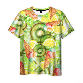 Мужская футболка 3D с принтом Веселые фрукты 2 в Курске, 100% полиэфир | прямой крой, круглый вырез горловины, длина до линии бедер | апельсин | арбуз | банан | виноград | груша | киви | мороженое | овощи | питание | ппп | правильное | тайланд | фрукт | яблоко