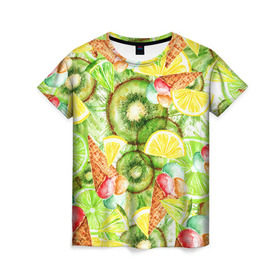 Женская футболка 3D с принтом Веселые фрукты 2 в Курске, 100% полиэфир ( синтетическое хлопкоподобное полотно) | прямой крой, круглый вырез горловины, длина до линии бедер | апельсин | арбуз | банан | виноград | груша | киви | мороженое | овощи | питание | ппп | правильное | тайланд | фрукт | яблоко