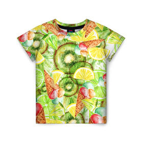 Детская футболка 3D с принтом Веселые фрукты 2 в Курске, 100% гипоаллергенный полиэфир | прямой крой, круглый вырез горловины, длина до линии бедер, чуть спущенное плечо, ткань немного тянется | Тематика изображения на принте: апельсин | арбуз | банан | виноград | груша | киви | мороженое | овощи | питание | ппп | правильное | тайланд | фрукт | яблоко