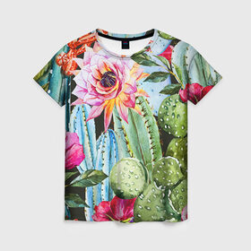 Женская футболка 3D с принтом Зелень в Курске, 100% полиэфир ( синтетическое хлопкоподобное полотно) | прямой крой, круглый вырез горловины, длина до линии бедер | кактусы | лилия | тропики | цветы