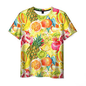Мужская футболка 3D с принтом Веселые фрукты 1 в Курске, 100% полиэфир | прямой крой, круглый вырез горловины, длина до линии бедер | апельсин | арбуз | банан | виноград | груша | киви | овощи | питание | ппп | правильное | тайланд | фрукт | яблоко