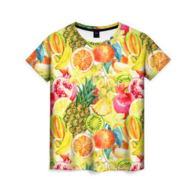 Женская футболка 3D с принтом Веселые фрукты 1 в Курске, 100% полиэфир ( синтетическое хлопкоподобное полотно) | прямой крой, круглый вырез горловины, длина до линии бедер | апельсин | арбуз | банан | виноград | груша | киви | овощи | питание | ппп | правильное | тайланд | фрукт | яблоко