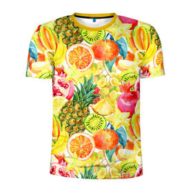 Мужская футболка 3D спортивная с принтом Веселые фрукты 1 в Курске, 100% полиэстер с улучшенными характеристиками | приталенный силуэт, круглая горловина, широкие плечи, сужается к линии бедра | апельсин | арбуз | банан | виноград | груша | киви | овощи | питание | ппп | правильное | тайланд | фрукт | яблоко