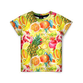 Детская футболка 3D с принтом Веселые фрукты 1 в Курске, 100% гипоаллергенный полиэфир | прямой крой, круглый вырез горловины, длина до линии бедер, чуть спущенное плечо, ткань немного тянется | Тематика изображения на принте: апельсин | арбуз | банан | виноград | груша | киви | овощи | питание | ппп | правильное | тайланд | фрукт | яблоко