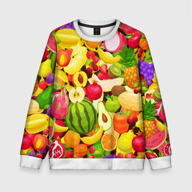 Детский свитшот 3D с принтом Веселые фрукты в Курске, 100% полиэстер | свободная посадка, прямой крой, мягкая тканевая резинка на рукавах и понизу свитшота | Тематика изображения на принте: апельсин | арбуз | банан | виноград | груша | киви | овощи | питание | ппп | правильное | тайланд | фрукт | яблоко