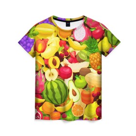 Женская футболка 3D с принтом Веселые фрукты в Курске, 100% полиэфир ( синтетическое хлопкоподобное полотно) | прямой крой, круглый вырез горловины, длина до линии бедер | апельсин | арбуз | банан | виноград | груша | киви | овощи | питание | ппп | правильное | тайланд | фрукт | яблоко