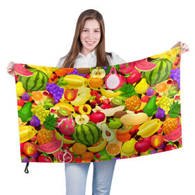Флаг 3D с принтом Веселые фрукты в Курске, 100% полиэстер | плотность ткани — 95 г/м2, размер — 67 х 109 см. Принт наносится с одной стороны | апельсин | арбуз | банан | виноград | груша | киви | овощи | питание | ппп | правильное | тайланд | фрукт | яблоко
