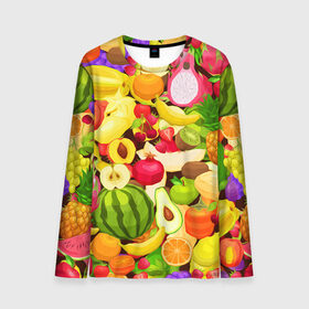 Мужской лонгслив 3D с принтом Веселые фрукты в Курске, 100% полиэстер | длинные рукава, круглый вырез горловины, полуприлегающий силуэт | апельсин | арбуз | банан | виноград | груша | киви | овощи | питание | ппп | правильное | тайланд | фрукт | яблоко