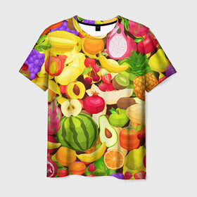 Мужская футболка 3D с принтом Веселые фрукты в Курске, 100% полиэфир | прямой крой, круглый вырез горловины, длина до линии бедер | Тематика изображения на принте: апельсин | арбуз | банан | виноград | груша | киви | овощи | питание | ппп | правильное | тайланд | фрукт | яблоко