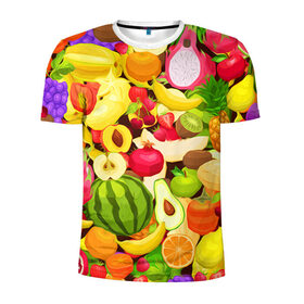 Мужская футболка 3D спортивная с принтом Веселые фрукты в Курске, 100% полиэстер с улучшенными характеристиками | приталенный силуэт, круглая горловина, широкие плечи, сужается к линии бедра | апельсин | арбуз | банан | виноград | груша | киви | овощи | питание | ппп | правильное | тайланд | фрукт | яблоко