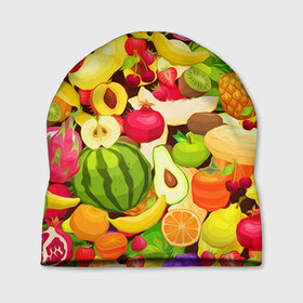 Шапка 3D с принтом Веселые фрукты в Курске, 100% полиэстер | универсальный размер, печать по всей поверхности изделия | апельсин | арбуз | банан | виноград | груша | киви | овощи | питание | ппп | правильное | тайланд | фрукт | яблоко