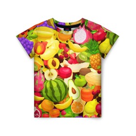 Детская футболка 3D с принтом Веселые фрукты в Курске, 100% гипоаллергенный полиэфир | прямой крой, круглый вырез горловины, длина до линии бедер, чуть спущенное плечо, ткань немного тянется | Тематика изображения на принте: апельсин | арбуз | банан | виноград | груша | киви | овощи | питание | ппп | правильное | тайланд | фрукт | яблоко