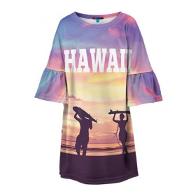 Детское платье 3D с принтом HAWAII 3 в Курске, 100% полиэстер | прямой силуэт, чуть расширенный к низу. Круглая горловина, на рукавах — воланы | Тематика изображения на принте: hawaii | гаваи | лето | океан | отдых | пальмы | пляж | серф