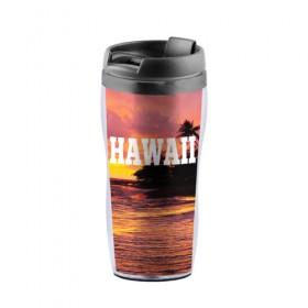 Термокружка-непроливайка с принтом HAWAII 2 в Курске, внутренняя часть — пищевой пластик, наружная часть — прозрачный пластик, между ними — полиграфическая вставка с рисунком | объем — 350 мл, герметичная крышка | Тематика изображения на принте: hawaii | гаваи | лето | океан | отдых | пальмы | пляж | серф