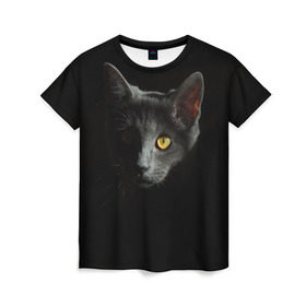 Женская футболка 3D с принтом Кошачий взгляд в Курске, 100% полиэфир ( синтетическое хлопкоподобное полотно) | прямой крой, круглый вырез горловины, длина до линии бедер | глаз | киска | кот | котёнок | кошка | прикольные картинки | темнота | тьма