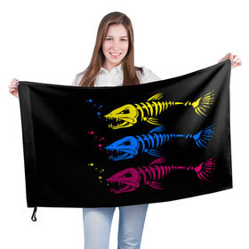 Флаг 3D с принтом Рыбалка в Курске, 100% полиэстер | плотность ткани — 95 г/м2, размер — 67 х 109 см. Принт наносится с одной стороны | art | bubbles | fish | fishing | river | skeleton | water | арт | вода | пузыри | река | рыба | рыбалка | скелет