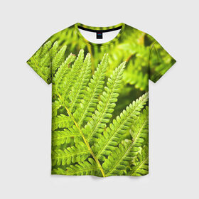 Женская футболка 3D с принтом Папоротник в Курске, 100% полиэфир ( синтетическое хлопкоподобное полотно) | прямой крой, круглый вырез горловины, длина до линии бедер | ботаника | зелень | листья | папоротник | природа | растения | цветок
